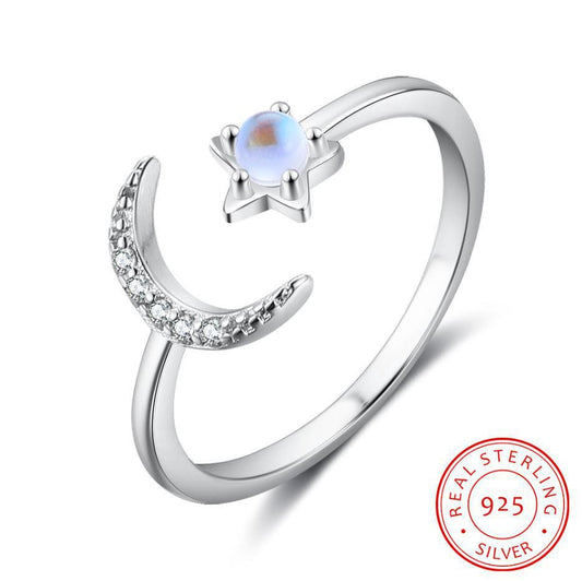 Womens Adjustable Sterling Silver Ring With Diamond Moon And Moonstone Star Design Individually Packaged Gift
