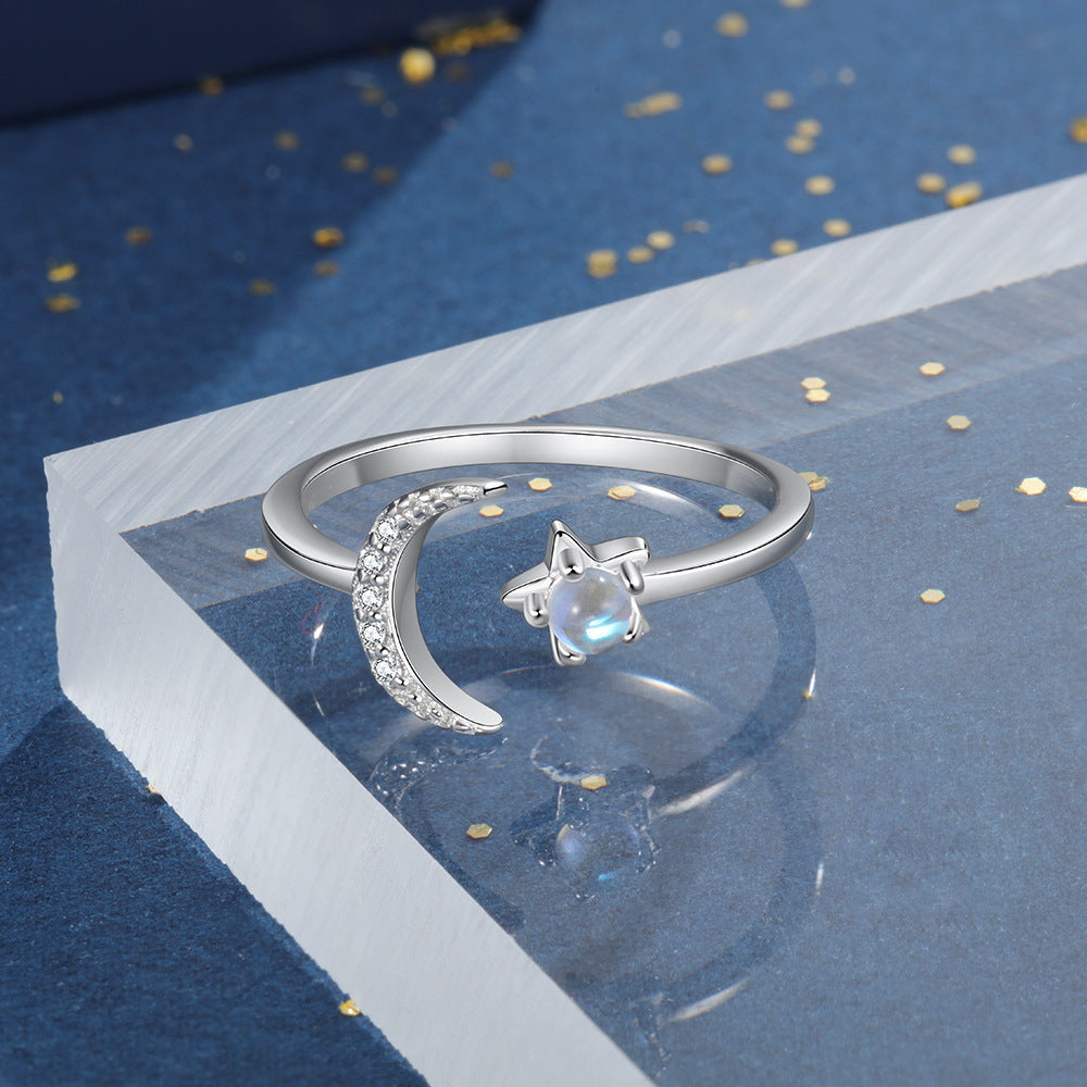 Womens Adjustable Sterling Silver Ring With Diamond Moon And Moonstone Star Design Individually Packaged Gift