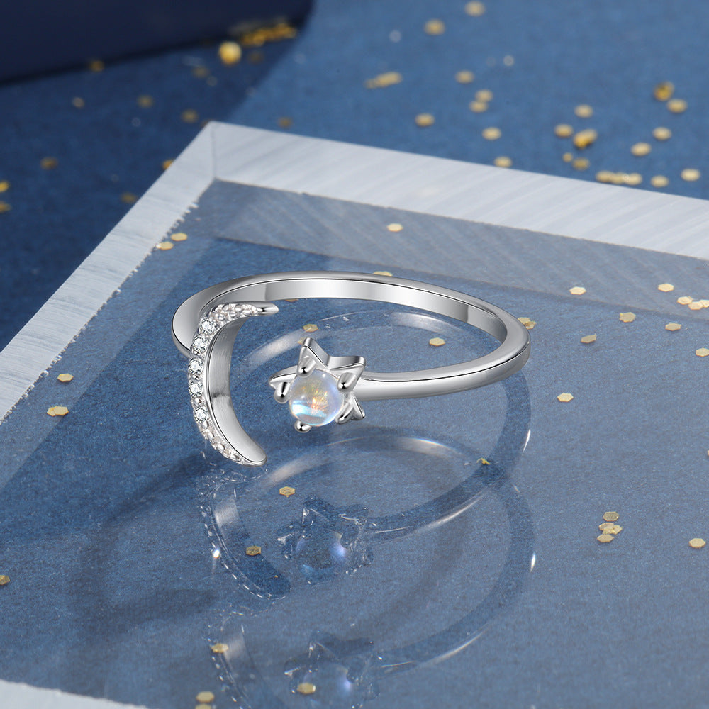 Womens Adjustable Sterling Silver Ring With Diamond Moon And Moonstone Star Design Individually Packaged Gift