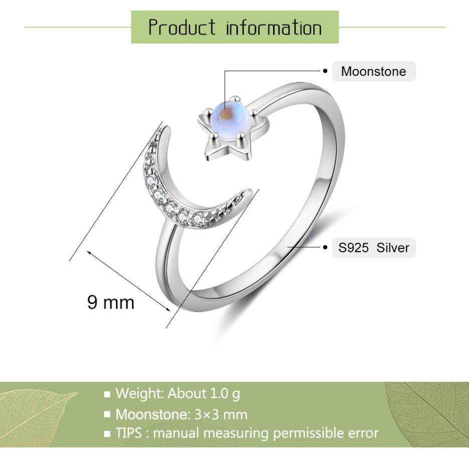 Womens Adjustable Sterling Silver Ring With Diamond Moon And Moonstone Star Design Individually Packaged Gift