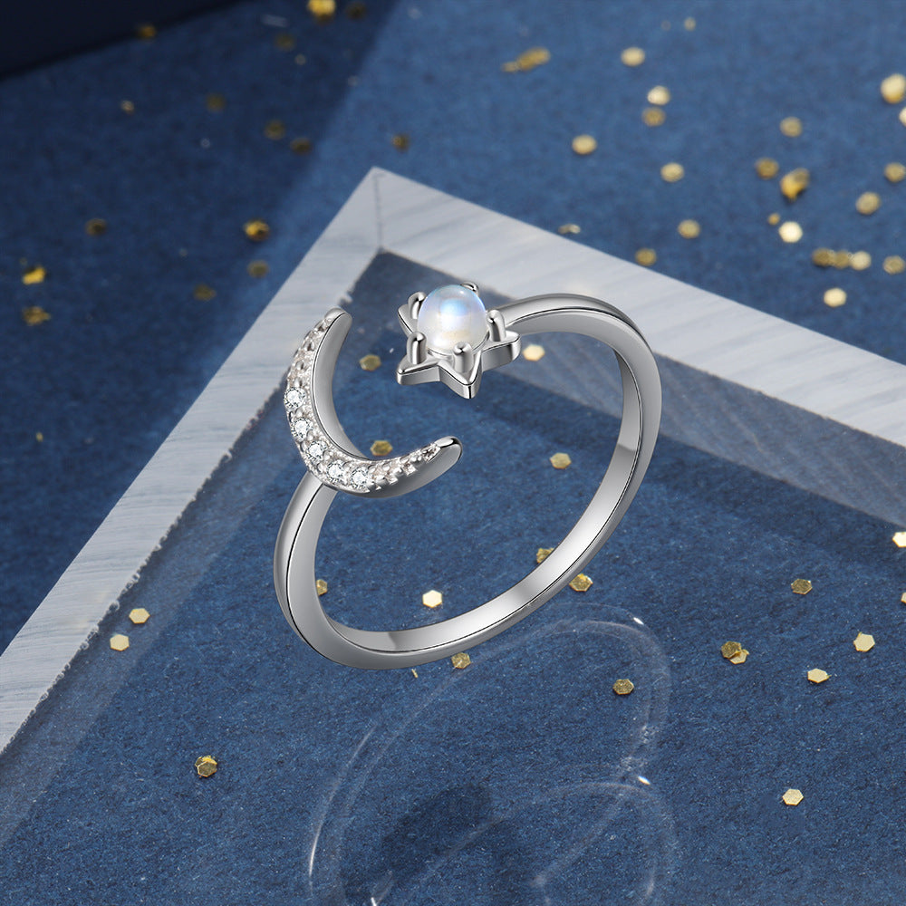 Womens Adjustable Sterling Silver Ring With Diamond Moon And Moonstone Star Design Individually Packaged Gift