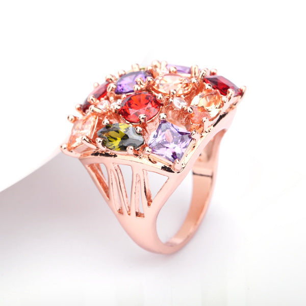 Women's Electroplated Copper Ring with Zircon Flower European and American Design Anti Fatigue Individually Packed Ring Jewelry Gift for Her