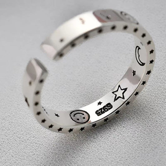 Unisex Open Ring Ancient Silver Alloy Moon And Star Inlaid Gem Stone Korean Style Travel Souvenir Travel Decor