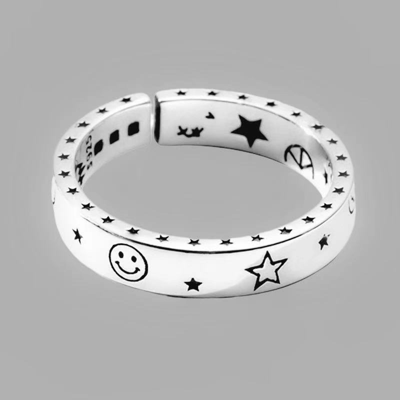 Unisex Open Ring Ancient Silver Alloy Moon And Star Inlaid Gem Stone Korean Style Travel Souvenir Travel Decor