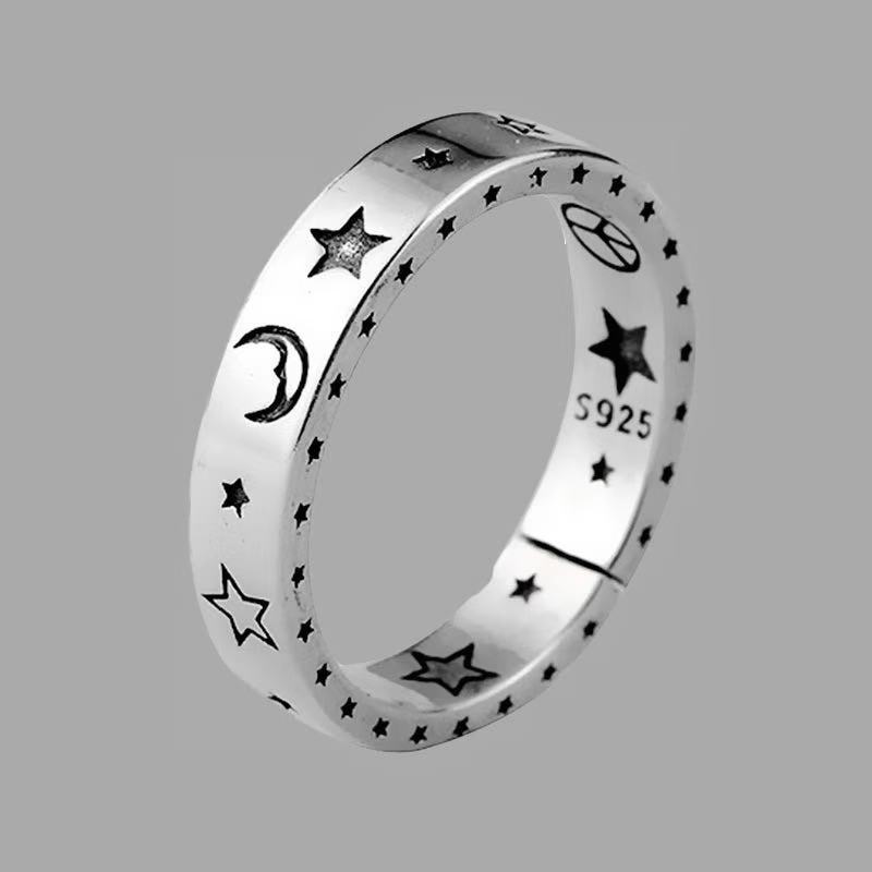 Unisex Open Ring Ancient Silver Alloy Moon And Star Inlaid Gem Stone Korean Style Travel Souvenir Travel Decor