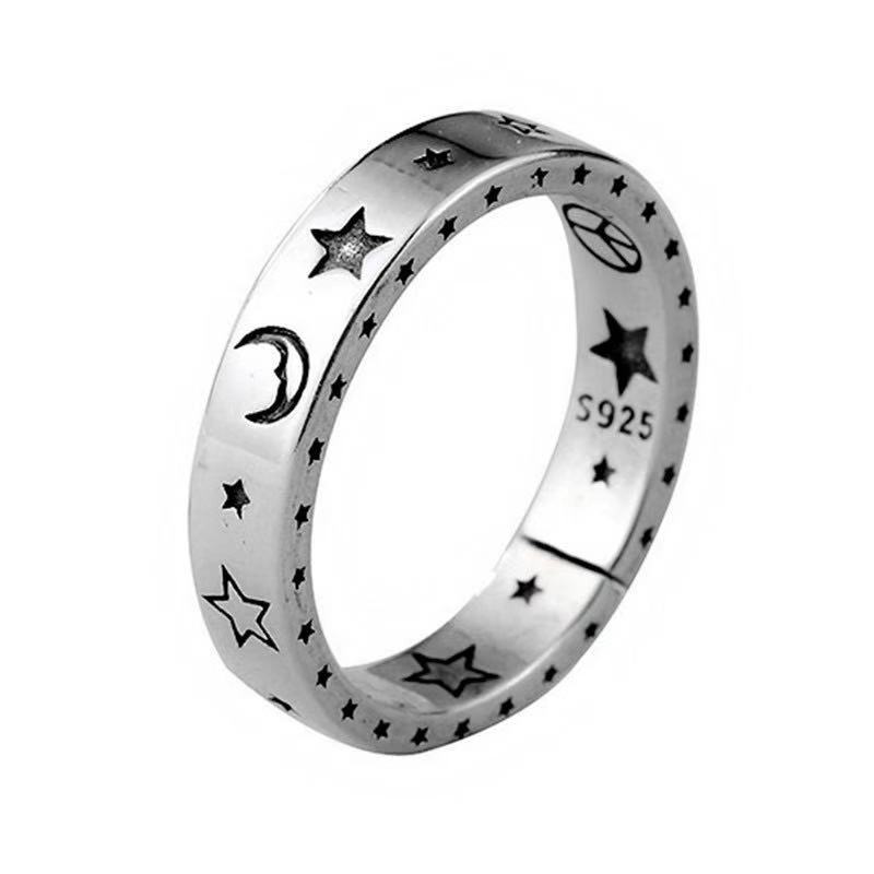 Unisex Open Ring Ancient Silver Alloy Moon And Star Inlaid Gem Stone Korean Style Travel Souvenir Travel Decor