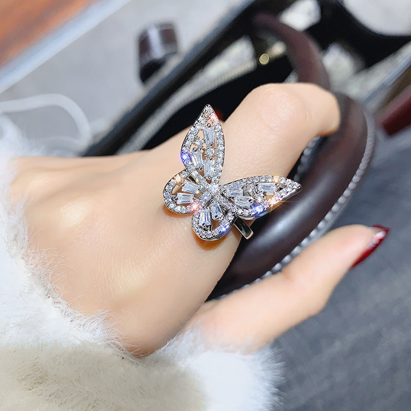 Womens Butterfly Diamond Ring With Diamond Accents Adjustable Alloy Band European American Design Jewelry Gift