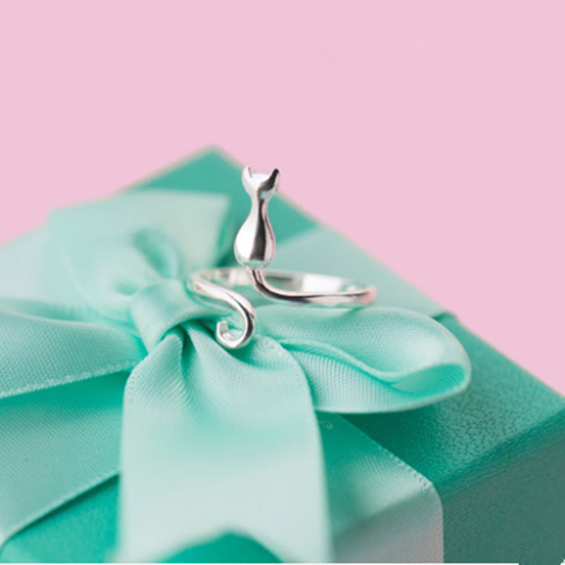 Womens Silver Ring With Sweet Cat Design Animal Zodiac Ring Korean Fashion Jewelry Gift For Her Delicate Silver Ring