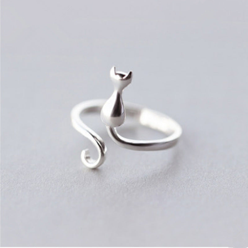 Womens Silver Ring With Sweet Cat Design Animal Zodiac Ring Korean Fashion Jewelry Gift For Her Delicate Silver Ring