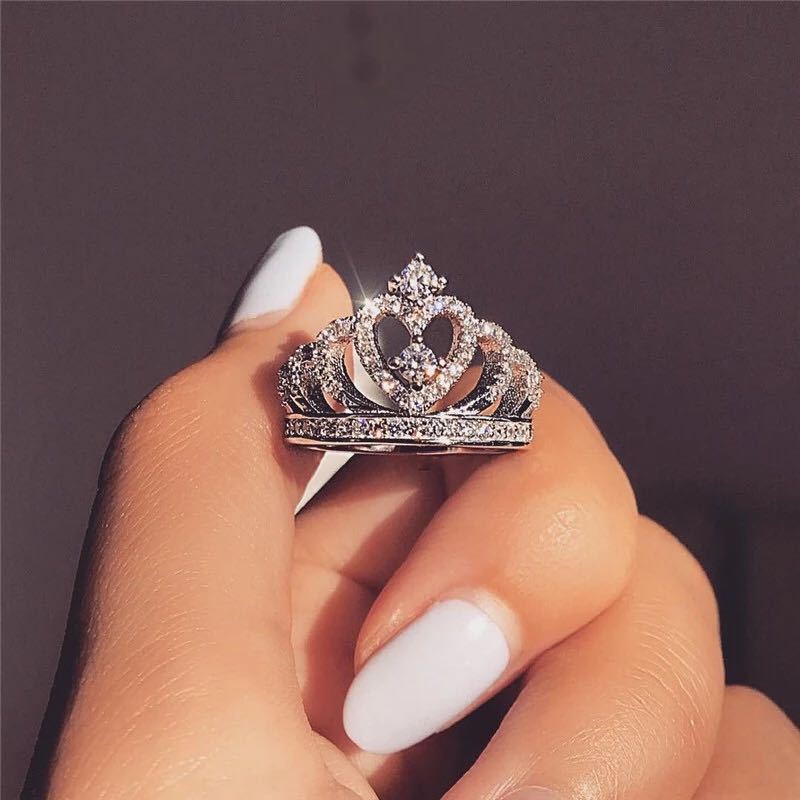 Crown Zircon Ring Alloy Jewelry With Elegant Diamond Accent For Her Promise Ring Engagement Gift Silver Shine Gift
