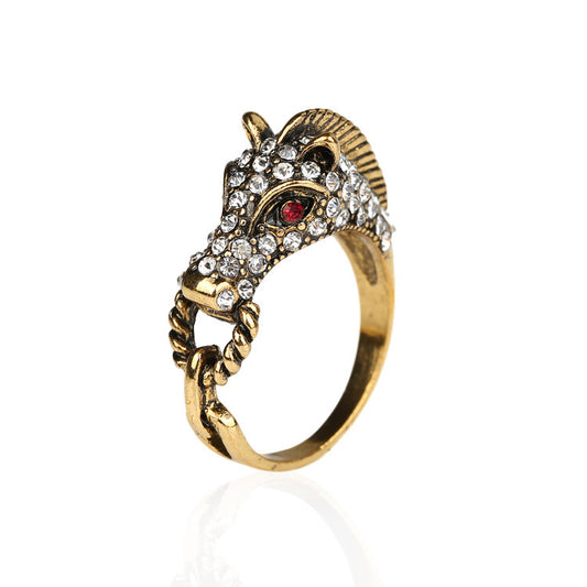 Antique Gold Seahorse Ring With Rhinestone Crystal Inlay Zodiac Animal Jewelry Electroplated For Women Jewelry Gift