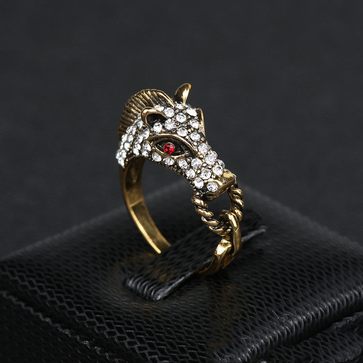 Antique Gold Seahorse Ring With Rhinestone Crystal Inlay Zodiac Animal Jewelry Electroplated For Women Jewelry Gift