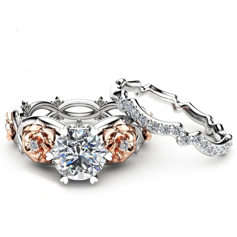 Two Tone Crystal Rose Flower Ring Alloy Openwork Jewelry