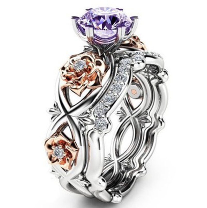 Two Tone Crystal Rose Flower Ring Alloy Openwork Jewelry