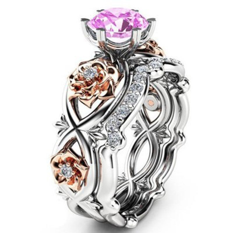 Two Tone Crystal Rose Flower Ring Alloy Openwork Jewelry