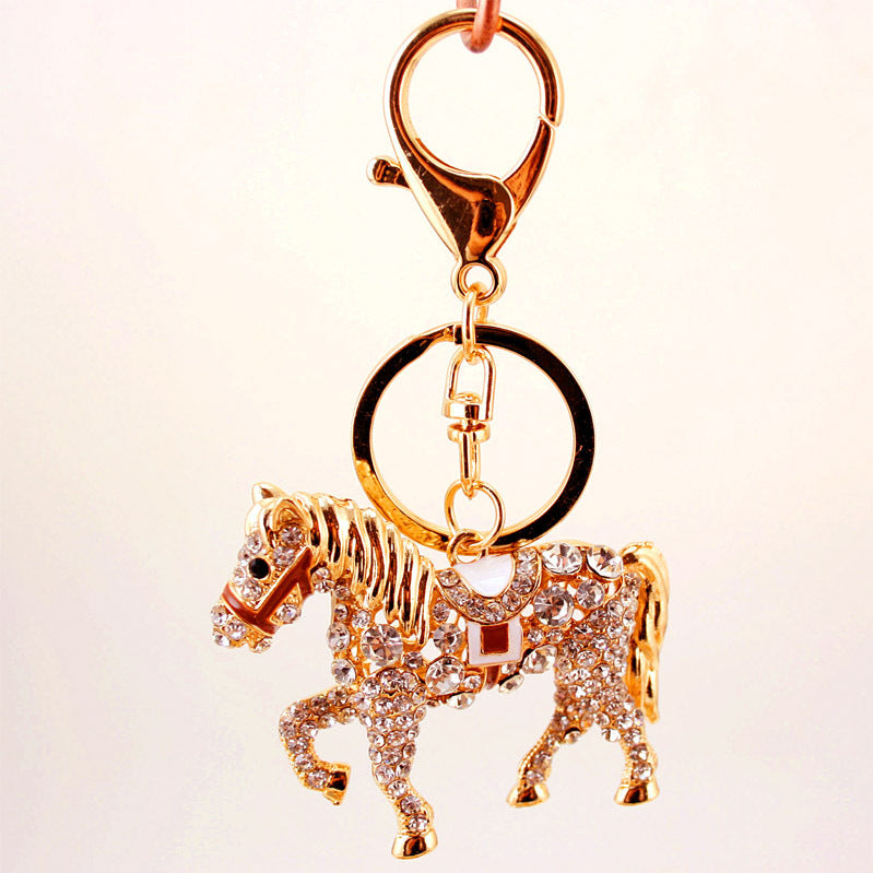 Unisex Pony Keychain Zodiac Horse Keyring Rhinestone Pendant Golden Zinc Alloy Fashion Accessory For Everyday Use
