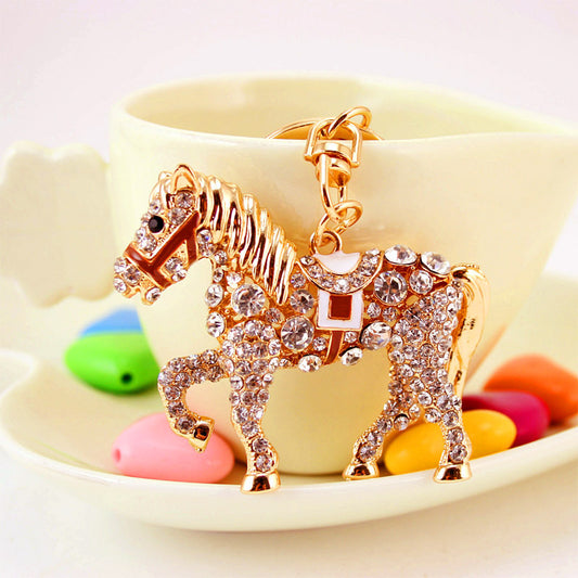 Unisex Pony Keychain Zodiac Horse Keyring Rhinestone Pendant Golden Zinc Alloy Fashion Accessory For Everyday Use