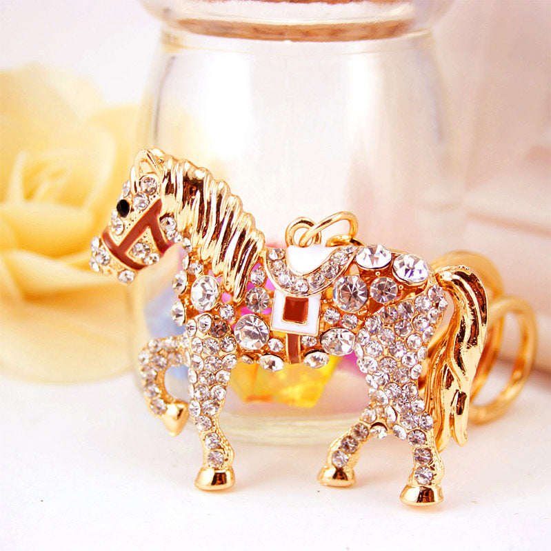 Unisex Pony Keychain Zodiac Horse Keyring Rhinestone Pendant Golden Zinc Alloy Fashion Accessory For Everyday Use