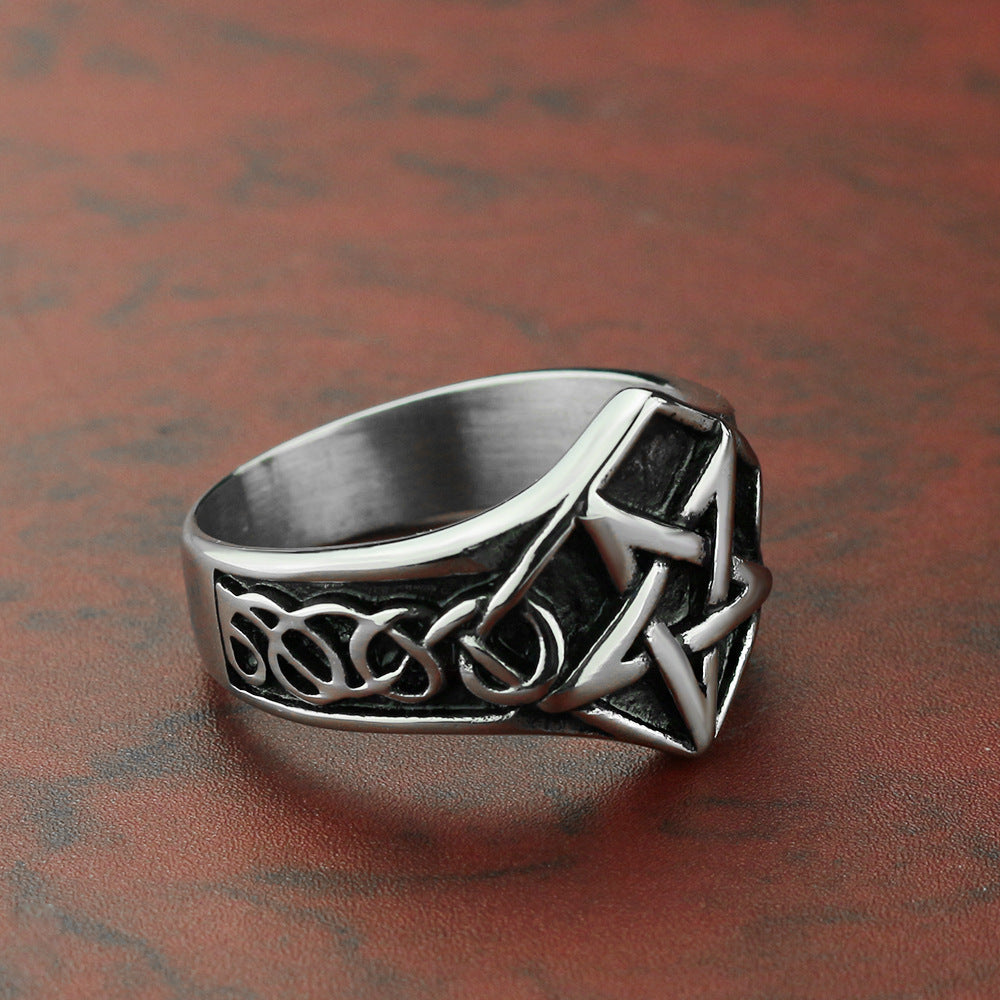 Unisex Titanium Steel Five Pointed Star Viking Ring Vintage Polished Steel Color US Sizes 7 8 9 10 11 12 13 US