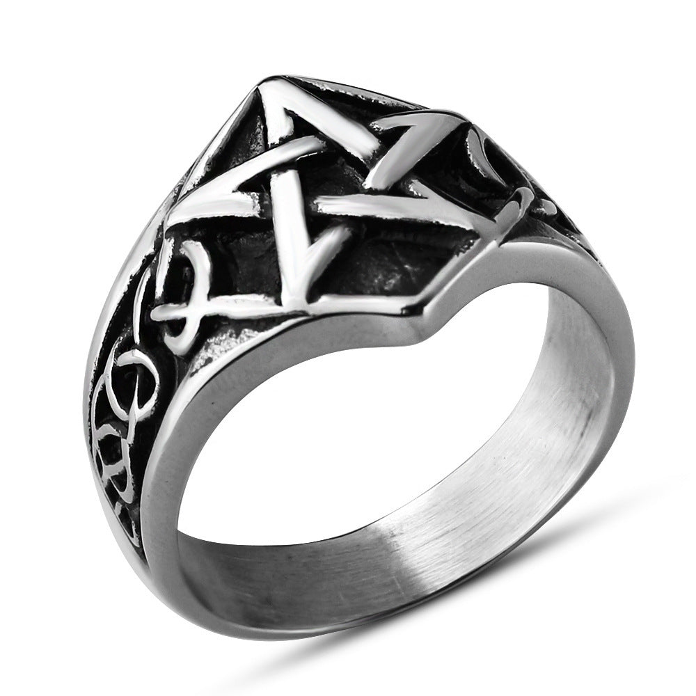 Unisex Titanium Steel Five Pointed Star Viking Ring Vintage Polished Steel Color US Sizes 7 8 9 10 11 12 13 US