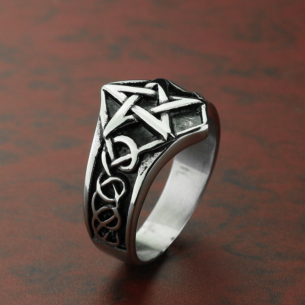 Unisex Titanium Steel Five Pointed Star Viking Ring Vintage Polished Steel Color US Sizes 7 8 9 10 11 12 13 US