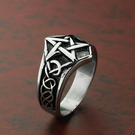 Unisex Titanium Steel Five Pointed Star Viking Ring Vintage Polished Steel Color US Sizes 7 8 9 10 11 12 13 US