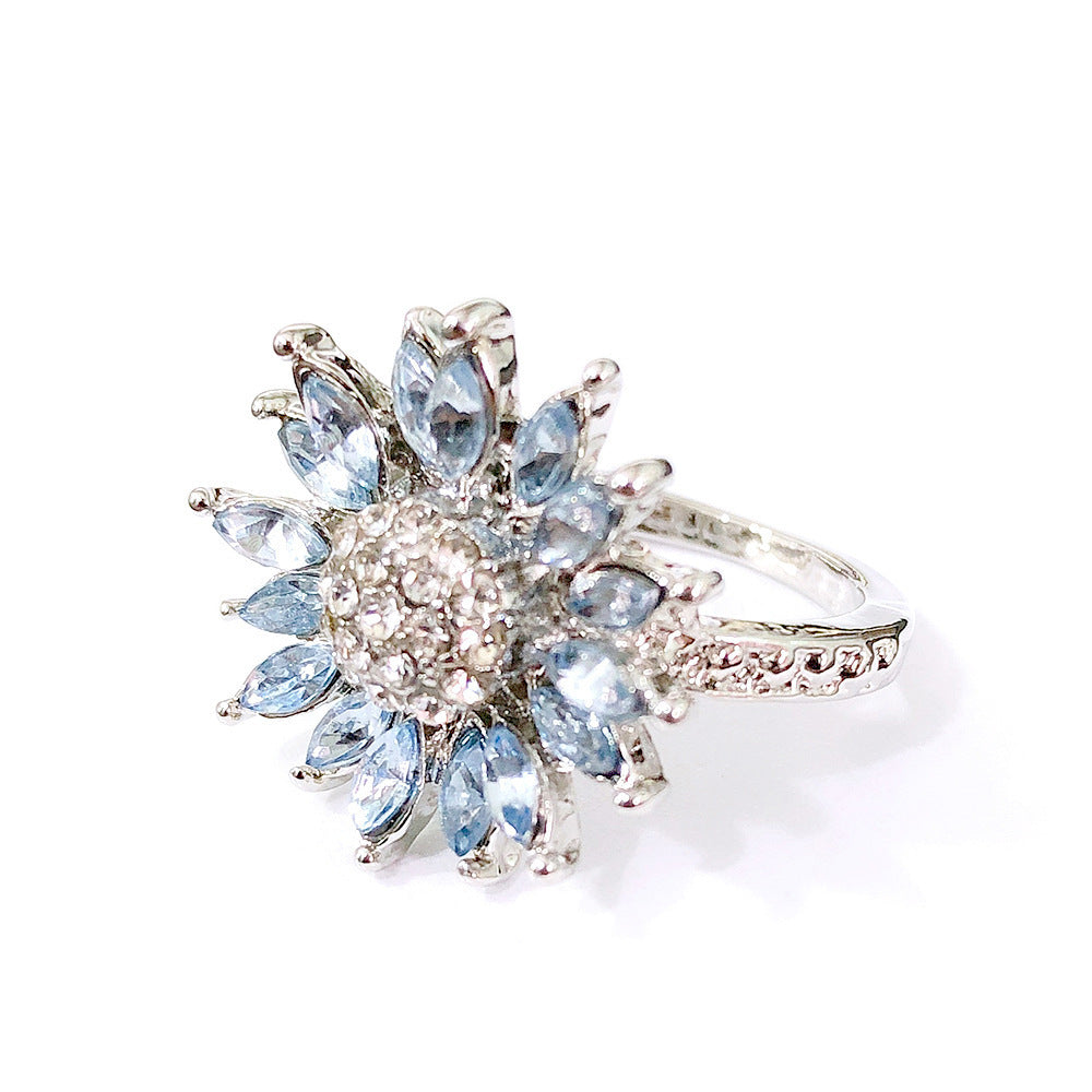 Women Sunflower Ring With Light Blue Zircon Inlaid Alloy Flower Ring Fashion Jewelry Elegant Sparkle For Daily