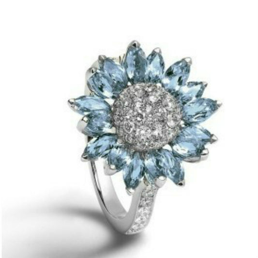 Women Sunflower Ring With Light Blue Zircon Inlaid Alloy Flower Ring Fashion Jewelry Elegant Sparkle For Daily