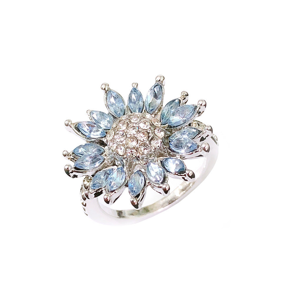 Women Sunflower Ring With Light Blue Zircon Inlaid Alloy Flower Ring Fashion Jewelry Elegant Sparkle For Daily