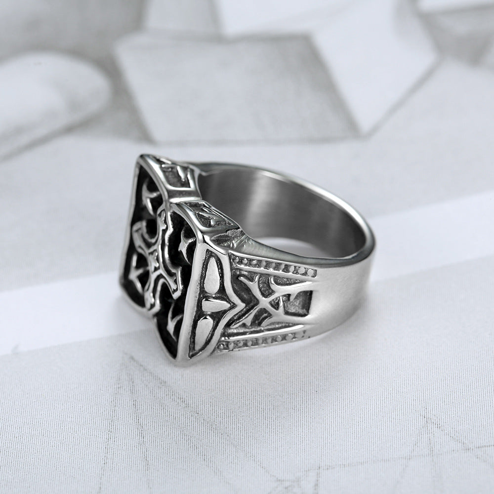 Mens Stainless Steel Ring Vintage Cross Design Steel Color Biker Ring Religious Jewelry Gift for Men