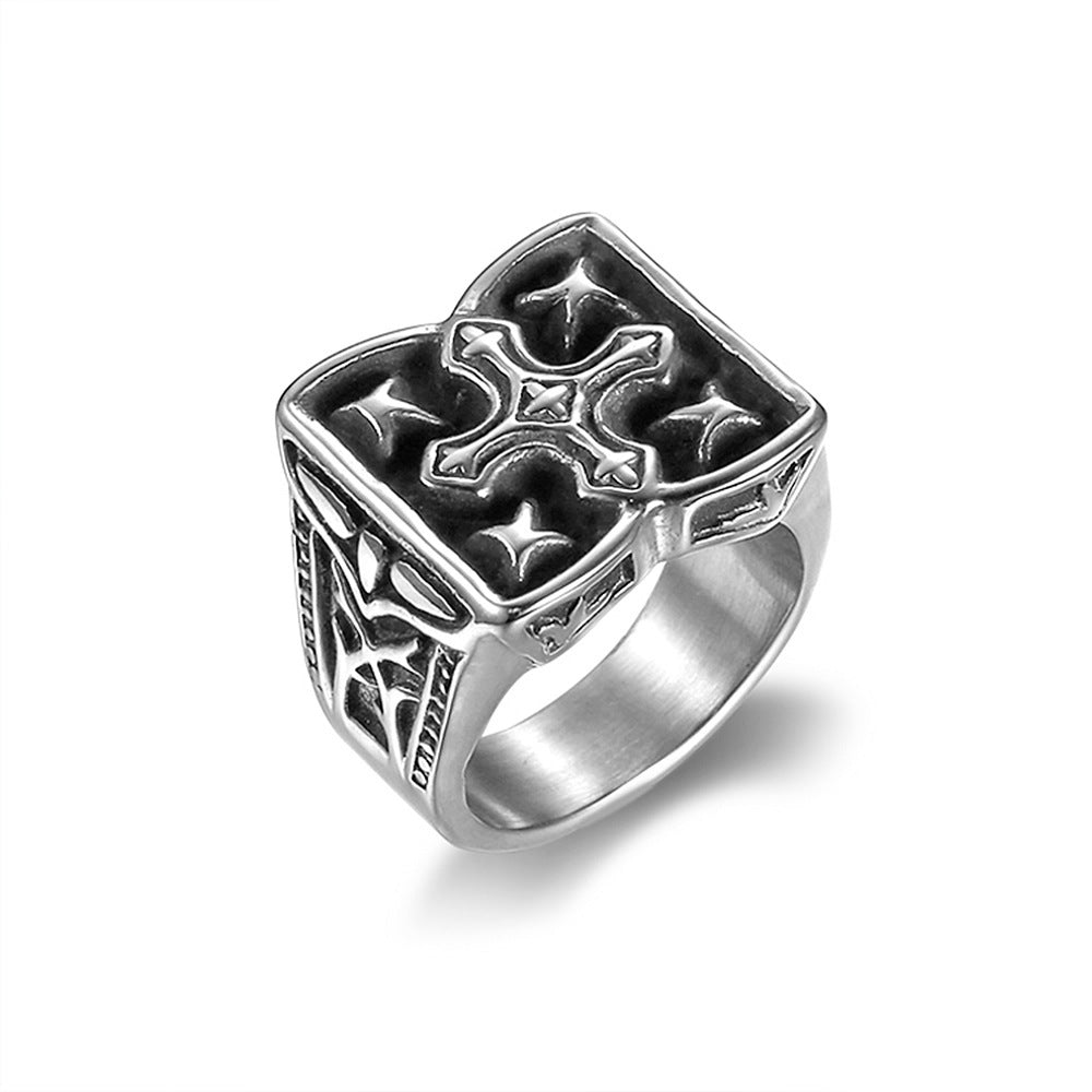 Mens Stainless Steel Ring Vintage Cross Design Steel Color Biker Ring Religious Jewelry Gift for Men