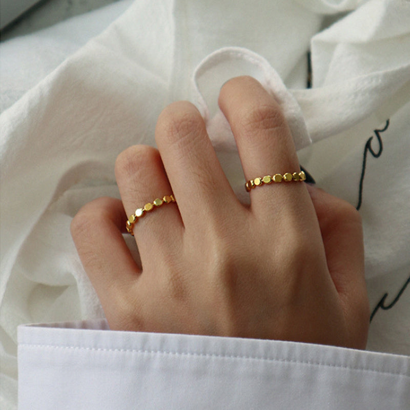 Small Geometric Flat Round Bead Silver Ring For Women S925 White Gold Finish Size 11 13 15 Handcrafted Everyday Wear