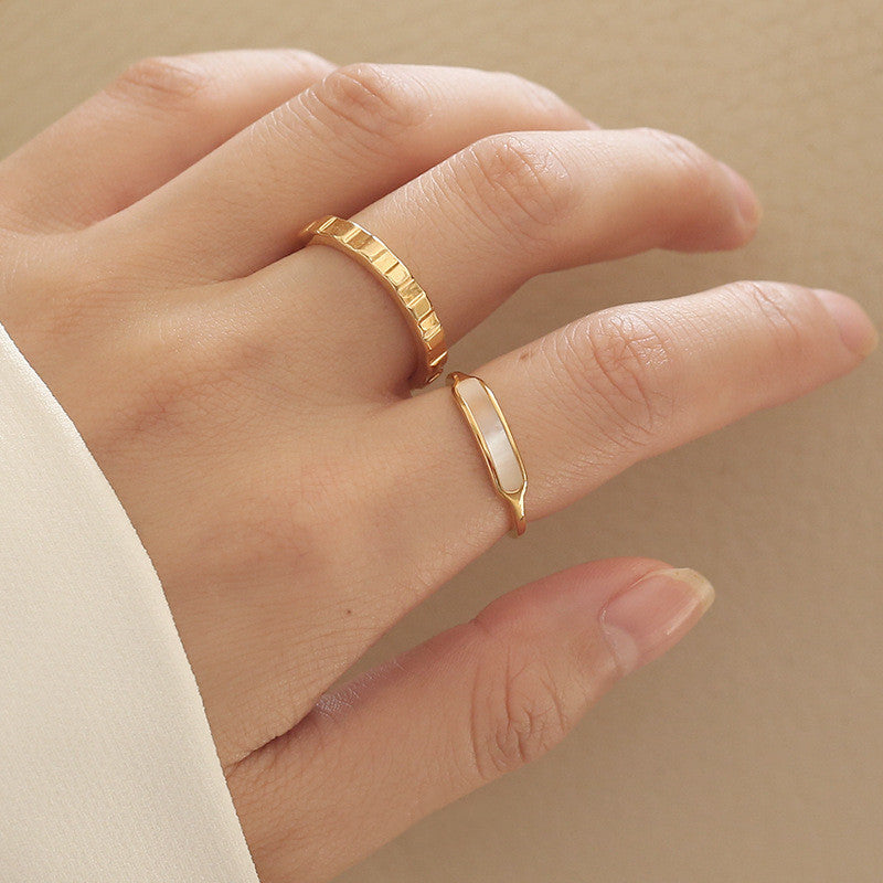 Women Gold Tone Ring With Mother Of Pearl Shell Titanium Steel Durable Fashion Jewelry Gift Sizes 6 7 8 Great Gift