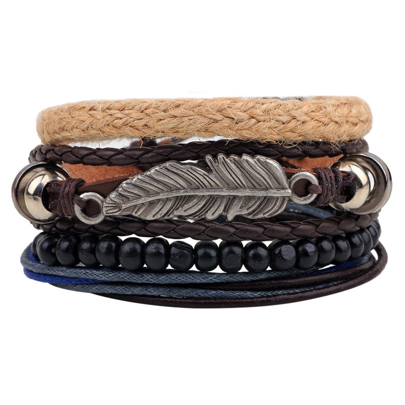 Unisex Leather Bracelet Sets Braided Cowhide Bracelet With Wooden Beads Alloy Leafy Accessories Woven Bracelet