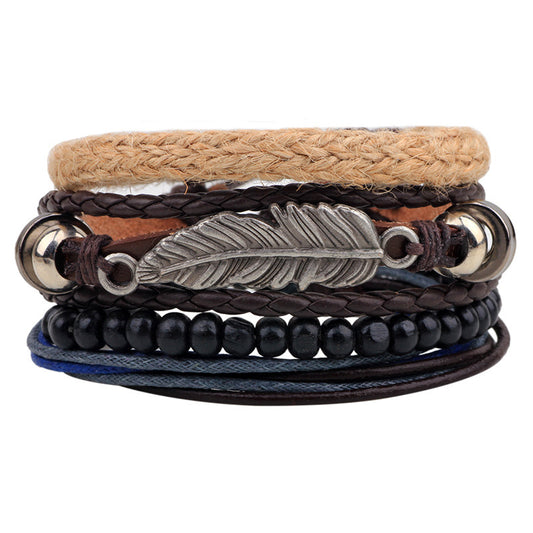 Unisex Leather Bracelet Sets Braided Cowhide Bracelet With Wooden Beads Alloy Leafy Accessories Woven Bracelet