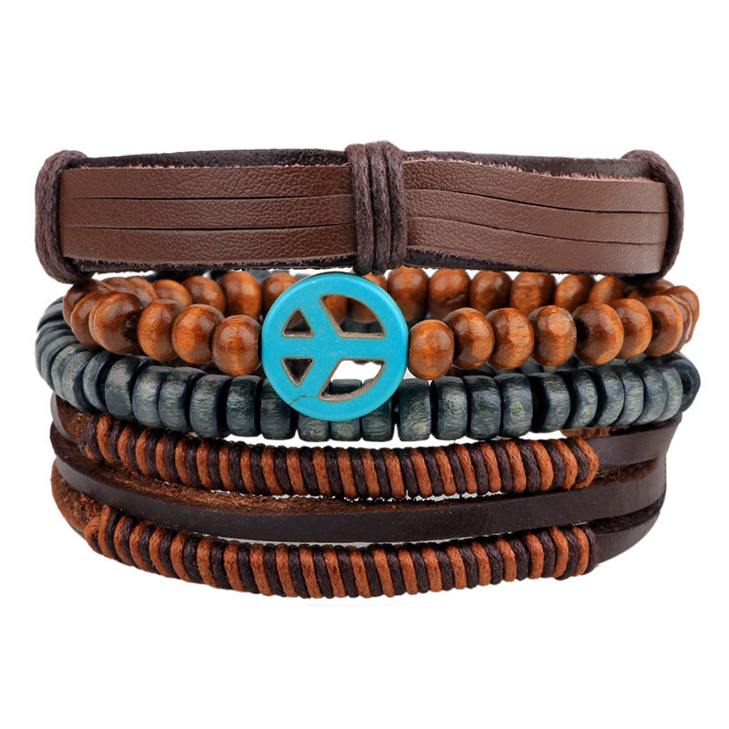 Unisex Leather Bracelet Sets Braided Cowhide Bracelet With Wooden Beads Alloy Leafy Accessories Woven Bracelet