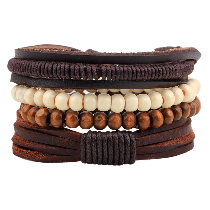 Unisex Leather Bracelet Sets Braided Cowhide Bracelet With Wooden Beads Alloy Leafy Accessories Woven Bracelet