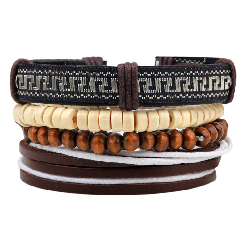 Unisex Leather Bracelet Sets Braided Cowhide Bracelet With Wooden Beads Alloy Leafy Accessories Woven Bracelet