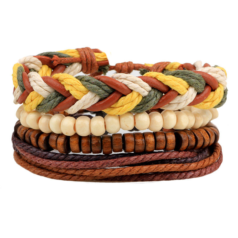 Unisex Leather Bracelet Sets Braided Cowhide Bracelet With Wooden Beads Alloy Leafy Accessories Woven Bracelet