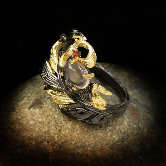 Womens Geometric Two Tone Black Gold Agate Zircon Ring Durable European American Fashion Statement Jewelry Inlaid Gems