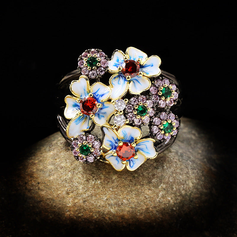 Fashion Color Zircon Ring, Flower Ring, Gold Ring, Ladies Jewelry, Jewelry