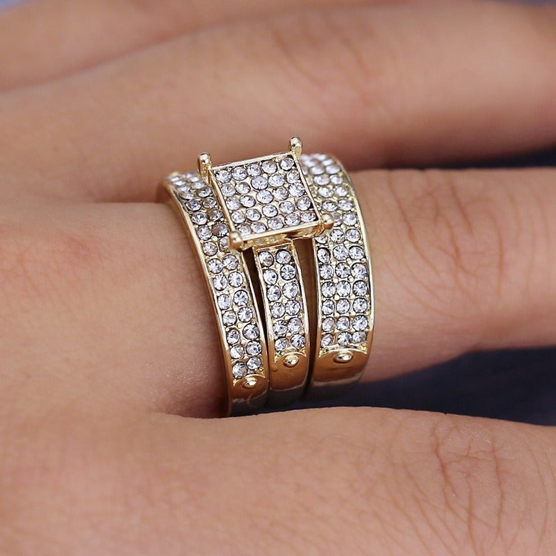 Gold Plated Alloy Ring Set Women Square Jewelry 3 Piece Birthday Gift Elegant Rings European Fashion For Women