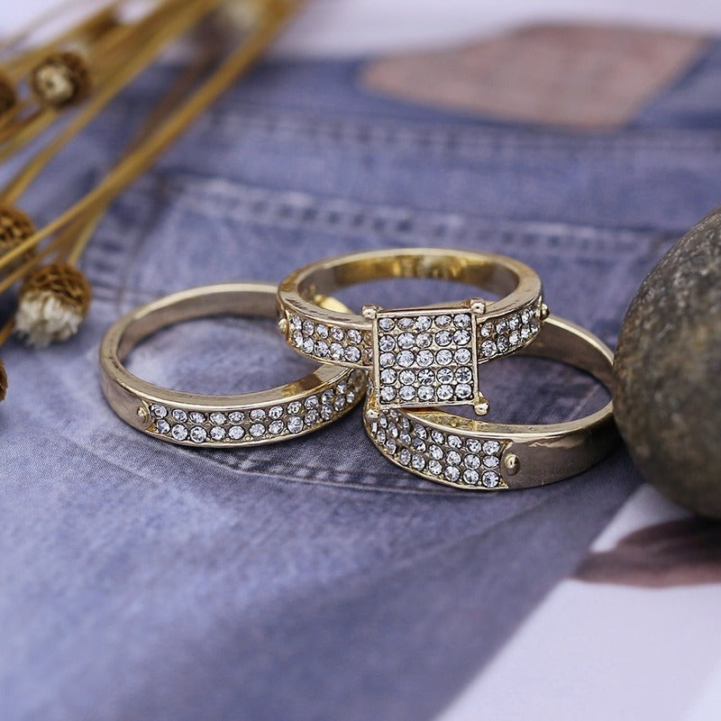 Gold Plated Alloy Ring Set Women Square Jewelry 3 Piece Birthday Gift Elegant Rings European Fashion For Women
