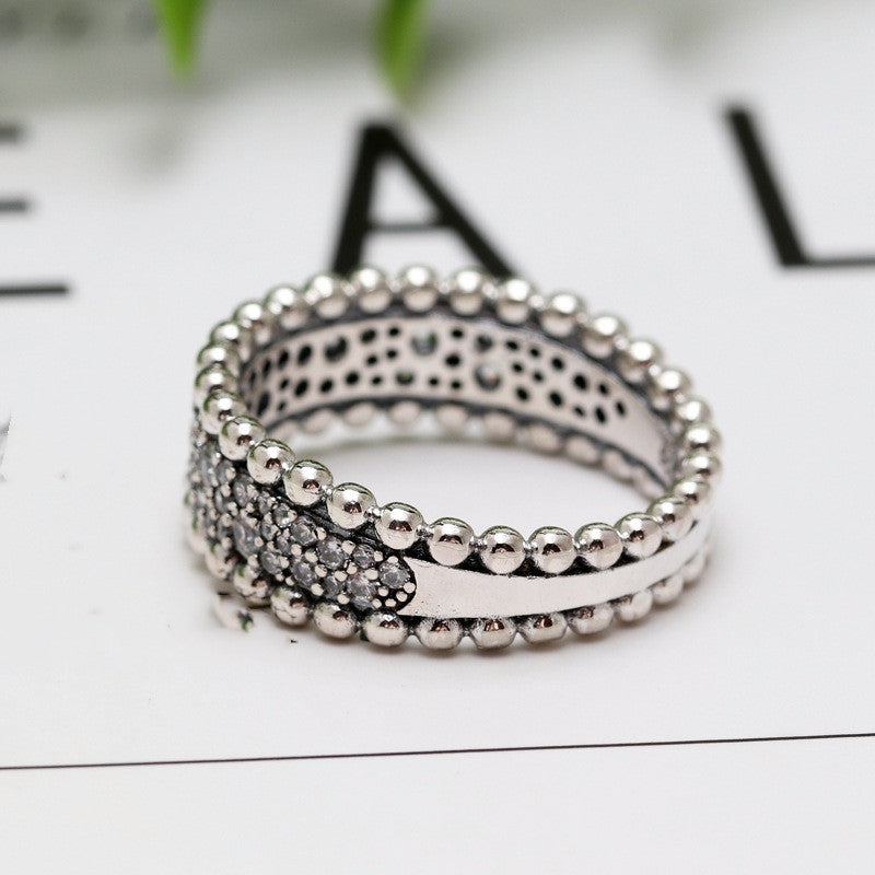 White Copper Plated Round Bead Close Set Zircon Ring For Elegant Gift Anniversary Jewelry Elegant Gift For You