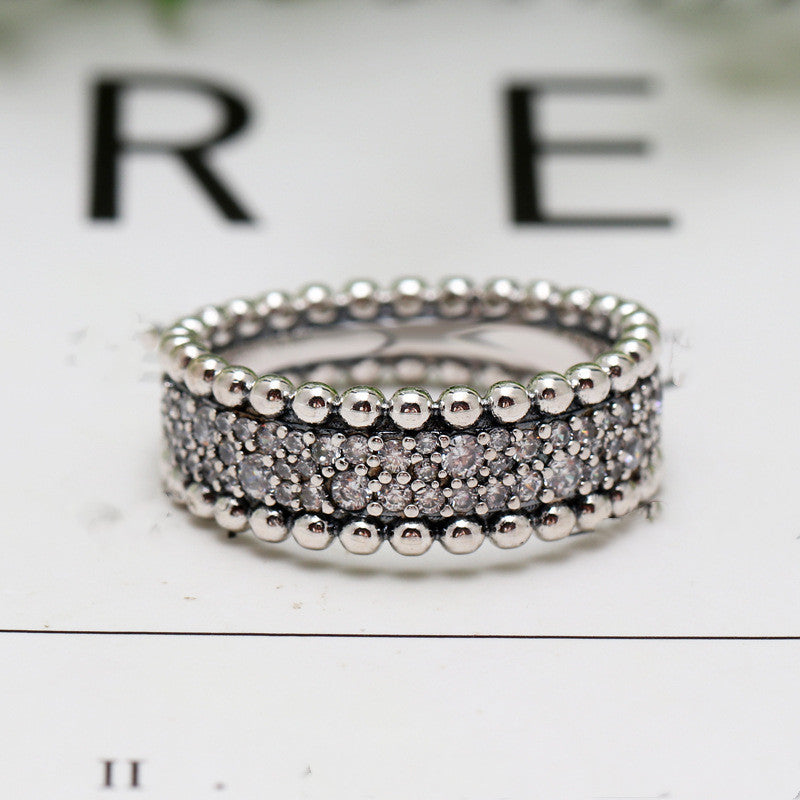 White Copper Plated Round Bead Close Set Zircon Ring For Elegant Gift Anniversary Jewelry Elegant Gift For You