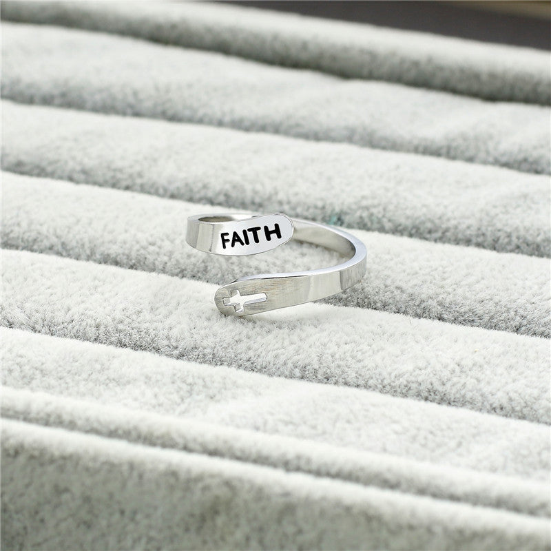 Hollow Cross Stainless Steel Ring Engraved Faith Unisex