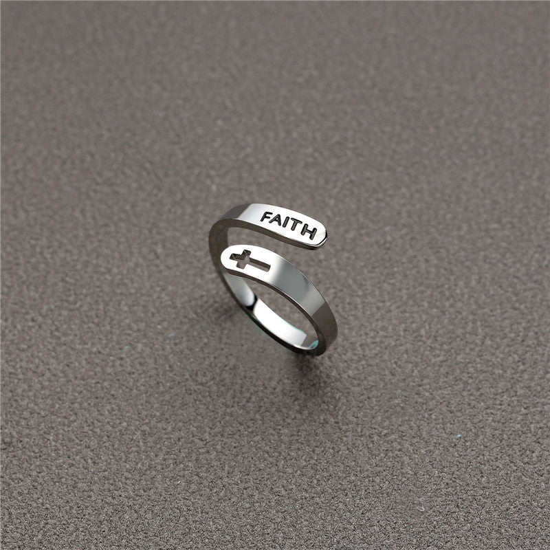 Hollow Cross Stainless Steel Ring Engraved Faith Unisex