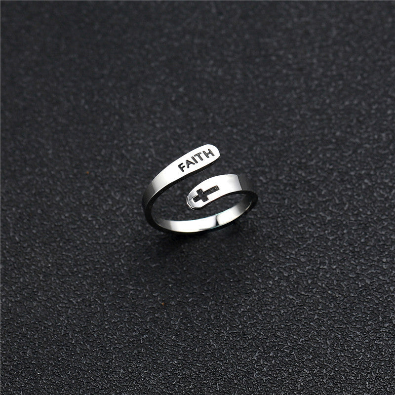 Hollow Cross Stainless Steel Ring Engraved Faith Unisex