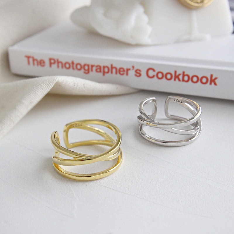 Womens Open Cross Ring S925 Sterling Silver Gold Plated Adjustable Double Line Band 8 5 Mm Width for Women Now