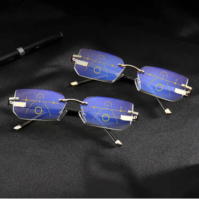 Unisex Multi Focus Reading Glasses No Frame Diamond Cut Edge Eyeglasses Anti Blue Light Powers 150 200 250 300